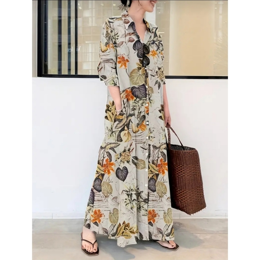 Vintage Style Floral Print Button Down Shirt Dress